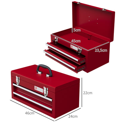 Empty Tool Case, 46 x 24 x 22 cm Tool Box with 2 Drawers, Upper Storage Compartment, Handle, Tool Chest with 2 Locks, Made of Steel, Red