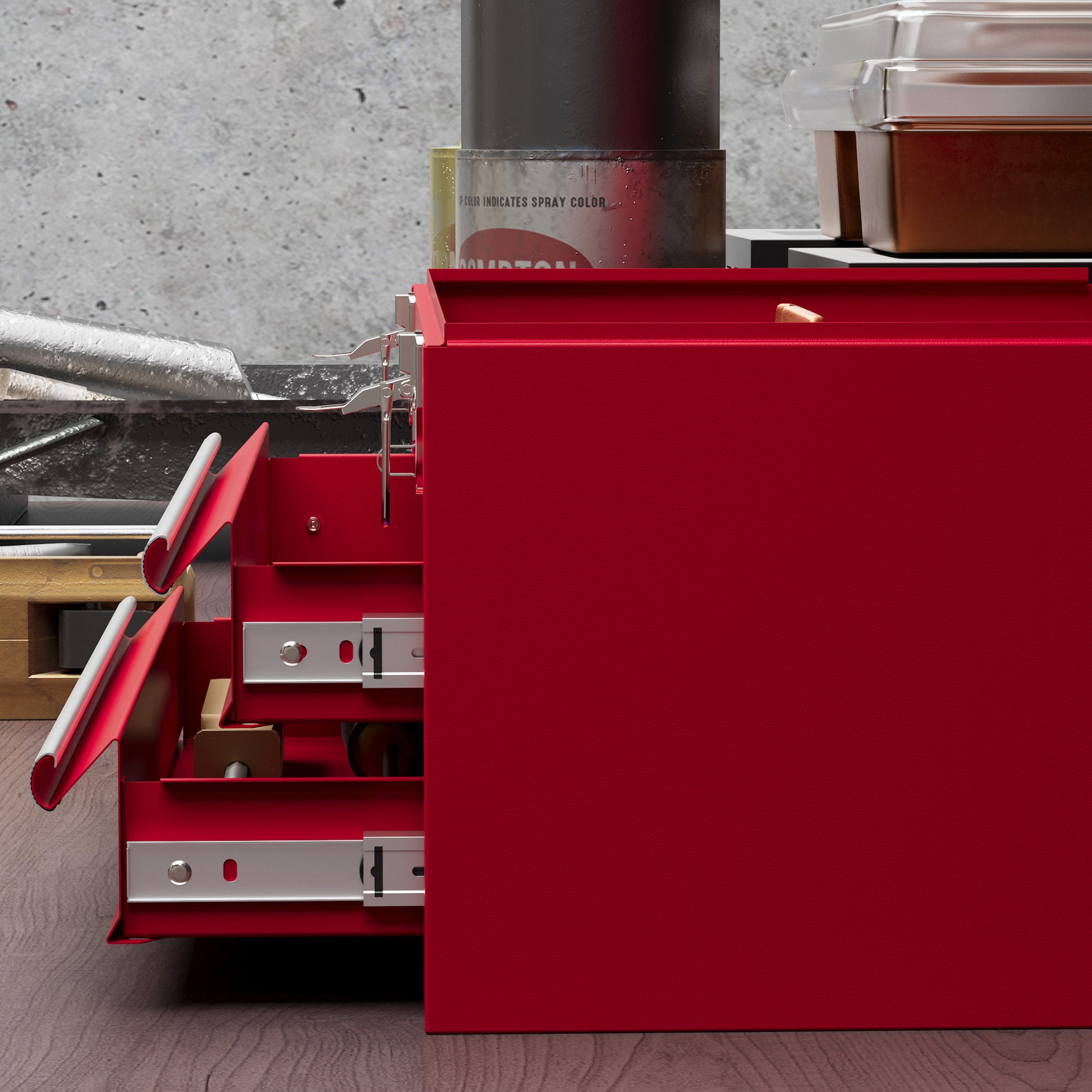 Empty Tool Case, 46 x 24 x 22 cm Tool Box with 2 Drawers, Upper Storage Compartment, Handle, Tool Chest with 2 Locks, Made of Steel, Red