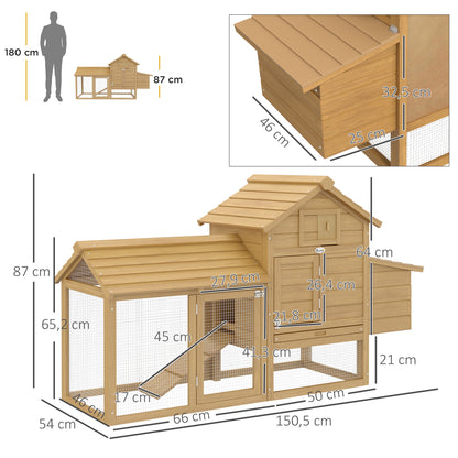 Outdoor Wooden Chicken Coop Cage for 2-3 Hens with 2 Wire Enclosures Openable Roof Nest Box Removable Tray and Ramp 150.5x54x87 cm Natural