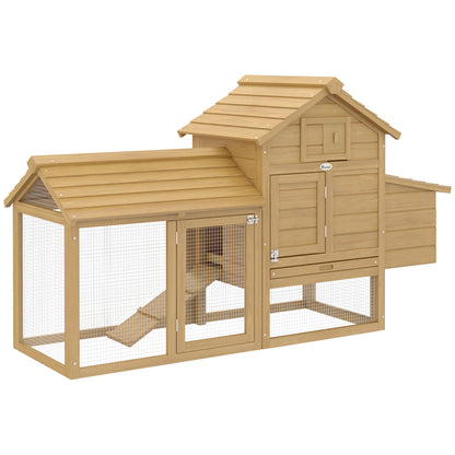 Outdoor Wooden Chicken Coop Cage for 2-3 Hens with 2 Wire Enclosures Openable Roof Nest Box Removable Tray and Ramp 150.5x54x87 cm Natural