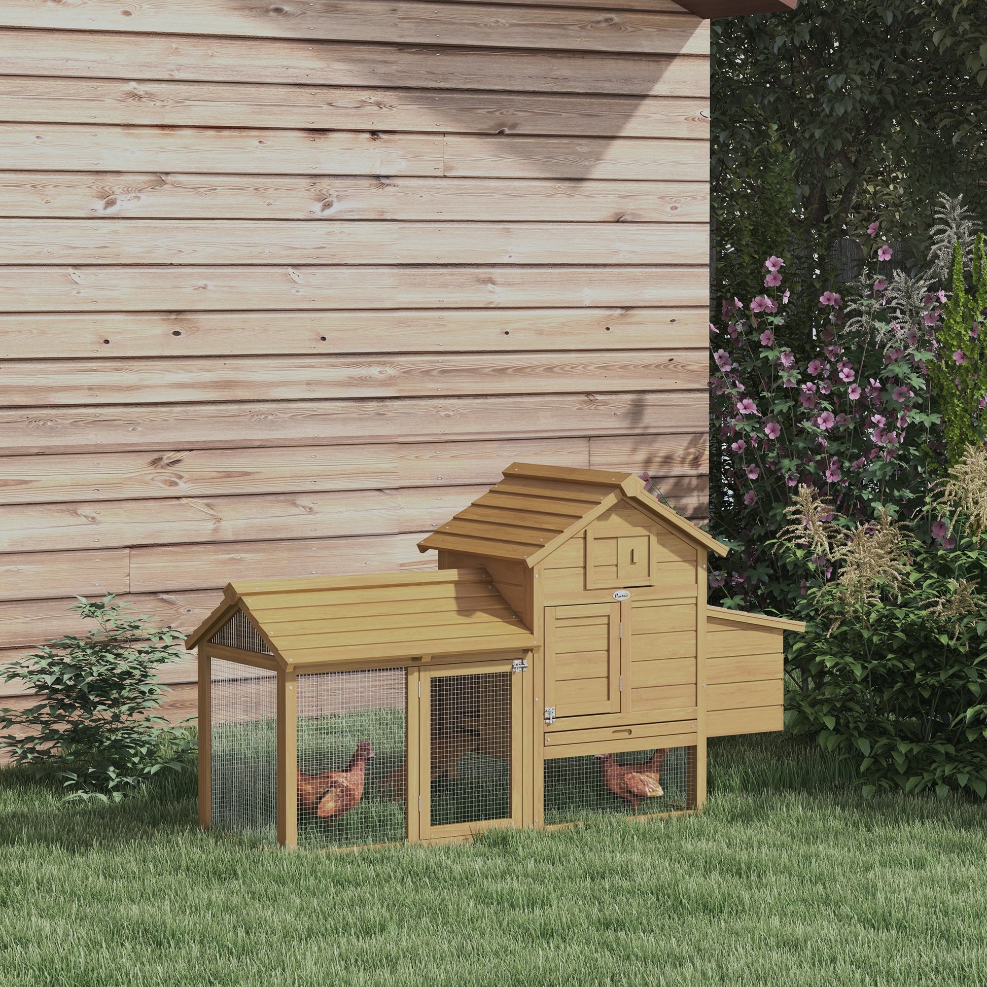 Outdoor Wooden Chicken Coop Cage for 2-3 Hens with 2 Wire Enclosures Openable Roof Nest Box Removable Tray and Ramp 150.5x54x87 cm Natural