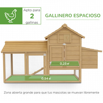Outdoor Wooden Chicken Coop Cage for 2-3 Hens with 2 Wire Enclosures Openable Roof Nest Box Removable Tray and Ramp 150.5x54x87 cm Natural