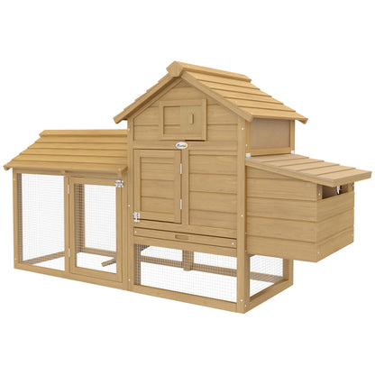 Outdoor Wooden Chicken Coop Cage for 2-3 Hens with 2 Wire Enclosures Openable Roof Nest Box Removable Tray and Ramp 150.5x54x87 cm Natural
