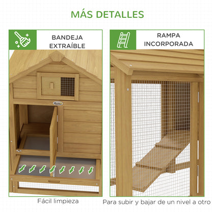Outdoor Wooden Chicken Coop Cage for 2-3 Hens with 2 Wire Enclosures Openable Roof Nest Box Removable Tray and Ramp 150.5x54x87 cm Natural