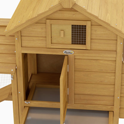 Outdoor Wooden Chicken Coop Cage for 2-3 Hens with 2 Wire Enclosures Openable Roof Nest Box Removable Tray and Ramp 150.5x54x87 cm Natural