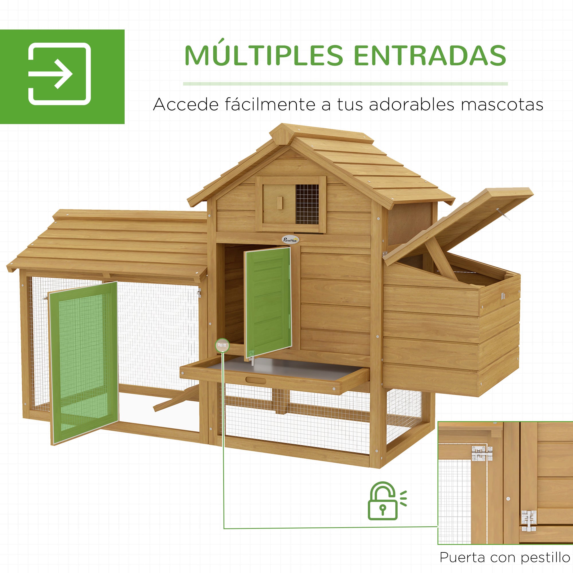 Outdoor Wooden Chicken Coop Cage for 2-3 Hens with 2 Wire Enclosures Openable Roof Nest Box Removable Tray and Ramp 150.5x54x87 cm Natural