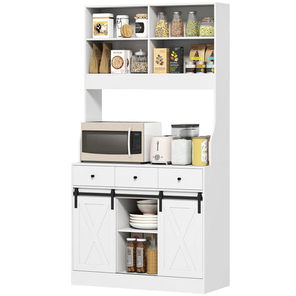 Kitchen Pantry Sideboard Kitchen Cabinet with 2 Sliding Doors 3 Drawers Countertop for Microwave and Adjustable Shelves Farmhouse Style White 93.5x40x180 cm