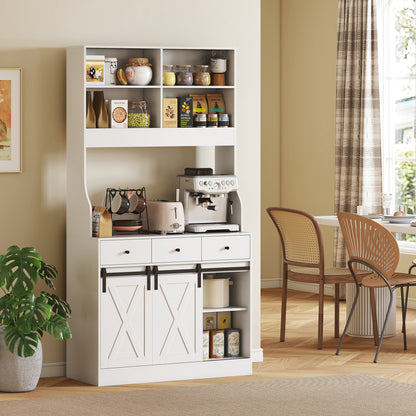 Kitchen Pantry Sideboard Kitchen Cabinet with 2 Sliding Doors 3 Drawers Countertop for Microwave and Adjustable Shelves Farmhouse Style White 93.5x40x180 cm