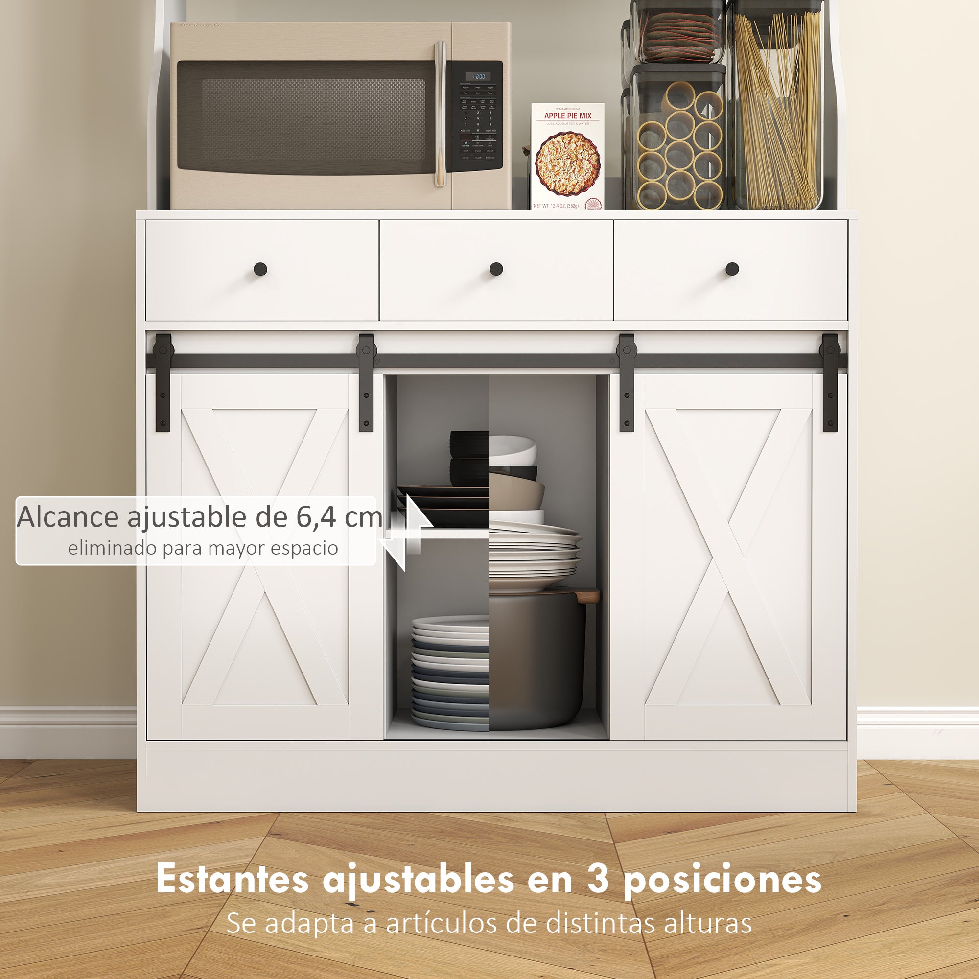 Kitchen Pantry Sideboard Kitchen Cabinet with 2 Sliding Doors 3 Drawers Countertop for Microwave and Adjustable Shelves Farmhouse Style White 93.5x40x180 cm