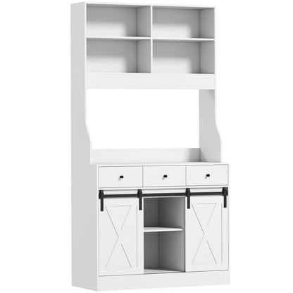 Kitchen Pantry Sideboard Kitchen Cabinet with 2 Sliding Doors 3 Drawers Countertop for Microwave and Adjustable Shelves Farmhouse Style White 93.5x40x180 cm