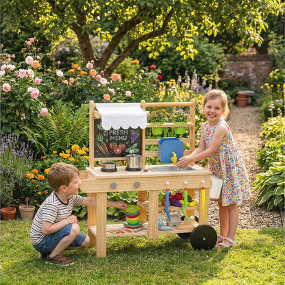 Outdoor Mud Kitchen for Kids — Wooden Play Kitchen with Real Faucet, Sink, Stove, Storage Shelf & Water Tank, Natural Wood — Ages 3+