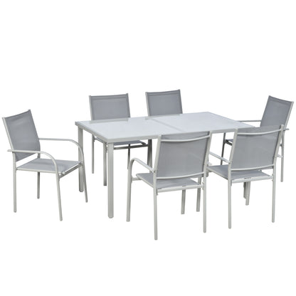 6-Person Garden Set with 1 Table and 6 Chairs Steel Outdoor Dining Set 7 Pieces Stackable Chairs Tempered Glass Top Gray