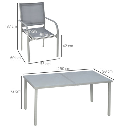 6-Person Garden Set with 1 Table and 6 Chairs Steel Outdoor Dining Set 7 Pieces Stackable Chairs Tempered Glass Top Gray