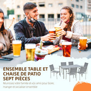 6-Person Garden Set with 1 Table and 6 Chairs Steel Outdoor Dining Set 7 Pieces Stackable Chairs Tempered Glass Top Gray
