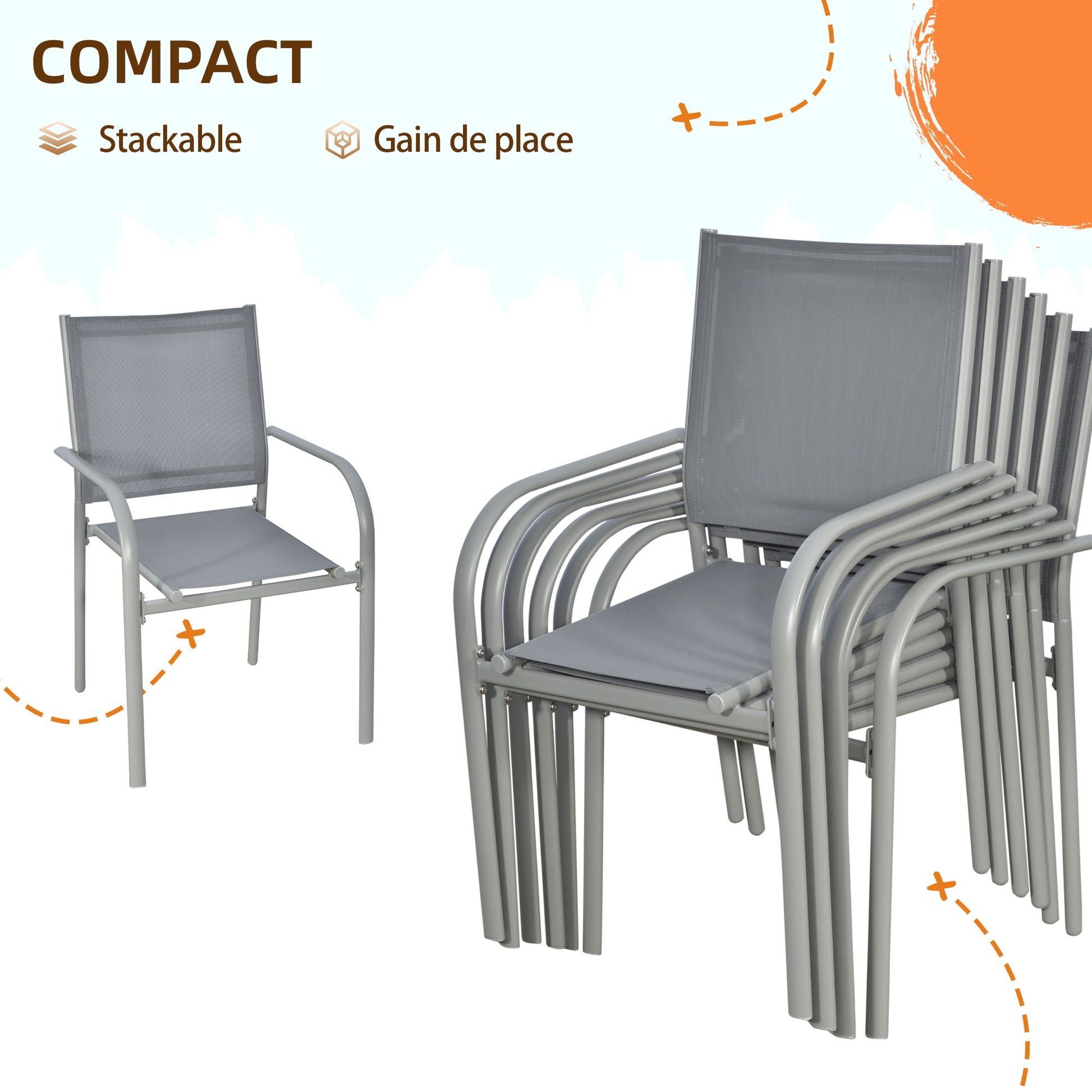 6-Person Garden Set with 1 Table and 6 Chairs Steel Outdoor Dining Set 7 Pieces Stackable Chairs Tempered Glass Top Gray