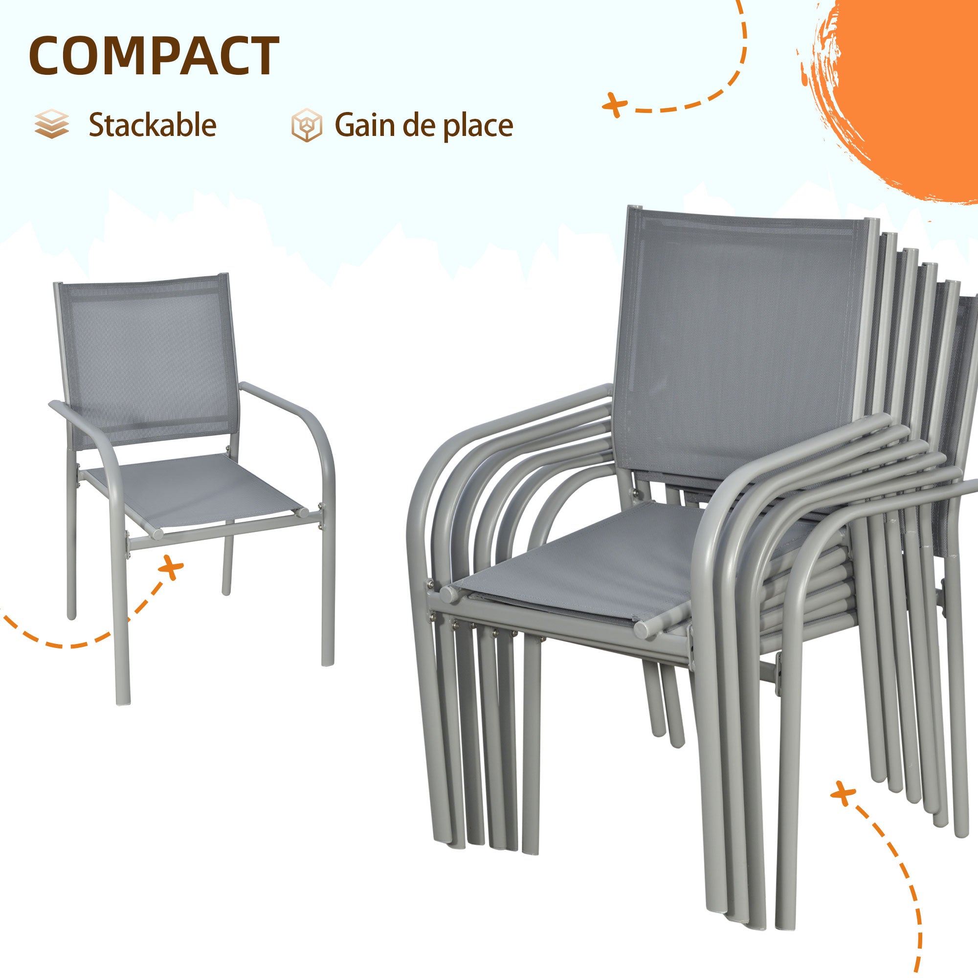 6-Person Garden Set with 1 Table and 6 Chairs Steel Outdoor Dining Set 7 Pieces Stackable Chairs Tempered Glass Top Gray