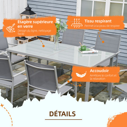 6-Person Garden Set with 1 Table and 6 Chairs Steel Outdoor Dining Set 7 Pieces Stackable Chairs Tempered Glass Top Gray