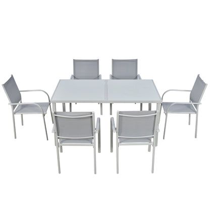 6-Person Garden Set with 1 Table and 6 Chairs Steel Outdoor Dining Set 7 Pieces Stackable Chairs Tempered Glass Top Gray