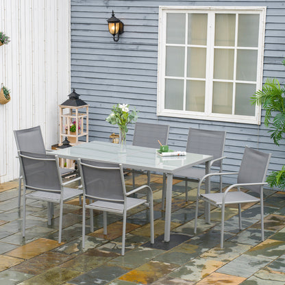 6-Person Garden Set with 1 Table and 6 Chairs Steel Outdoor Dining Set 7 Pieces Stackable Chairs Tempered Glass Top Gray