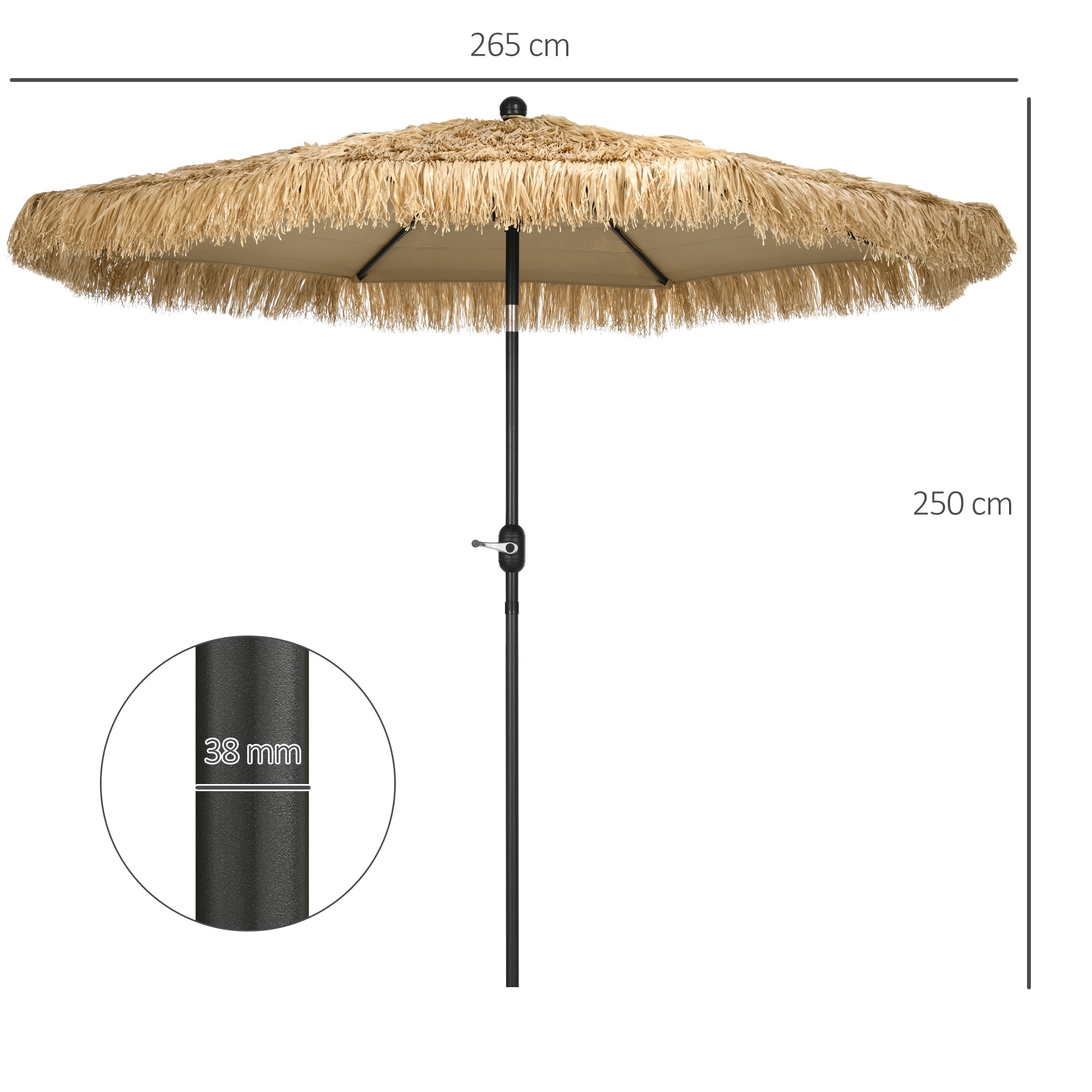 2.6x2.6m Tilting Garden Umbrella with Crank, Reclinable, Round Hawaiian Umbrella with 8 Ribs, in Aluminum and Polyester, for Yard Balcony Terrace, Khaki