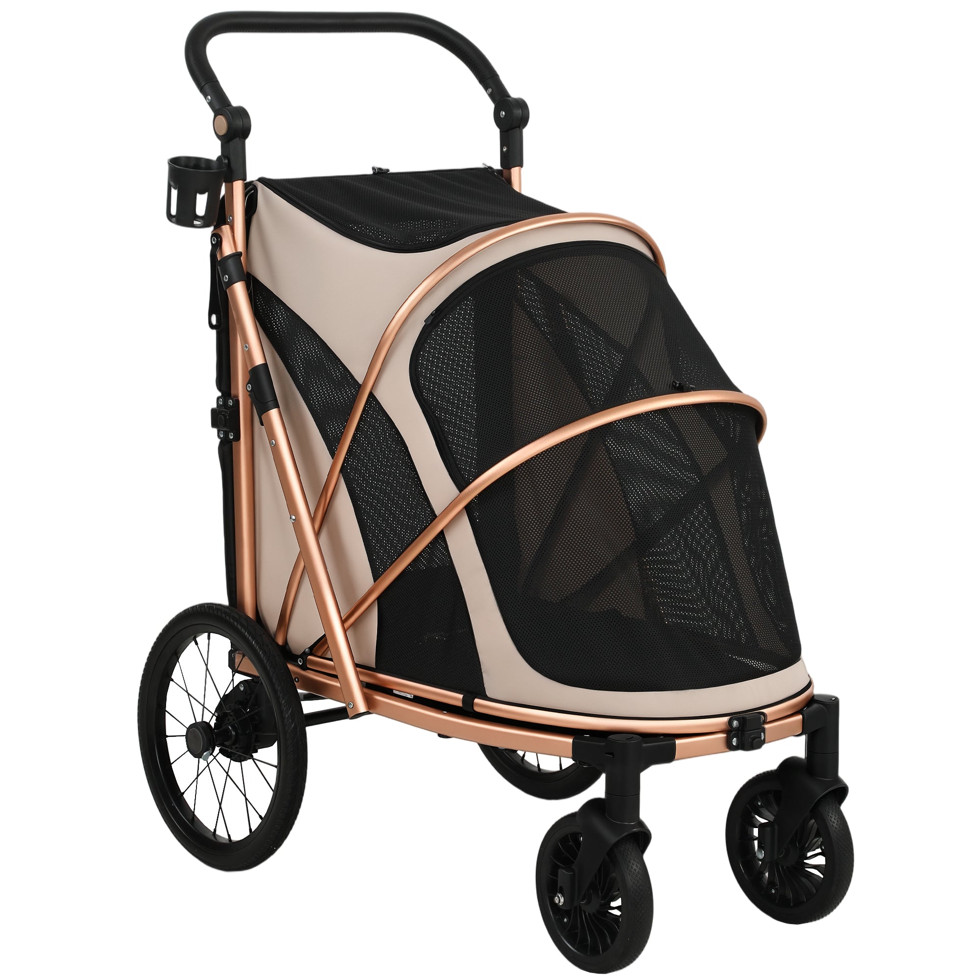 Folding Dog Stroller – Up to 44 lb, Large Wheels, Suspension & Brake, Mesh Windows, Aluminum Frame, Removable Cushion, Straps, Adjustable Handle, Light Brown