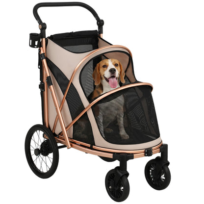 Folding Dog Stroller – Up to 44 lb, Large Wheels, Suspension & Brake, Mesh Windows, Aluminum Frame, Removable Cushion, Straps, Adjustable Handle, Light Brown