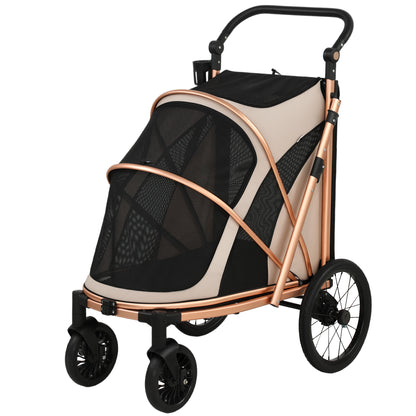 Folding Dog Stroller – Up to 44 lb, Large Wheels, Suspension & Brake, Mesh Windows, Aluminum Frame, Removable Cushion, Straps, Adjustable Handle, Light Brown