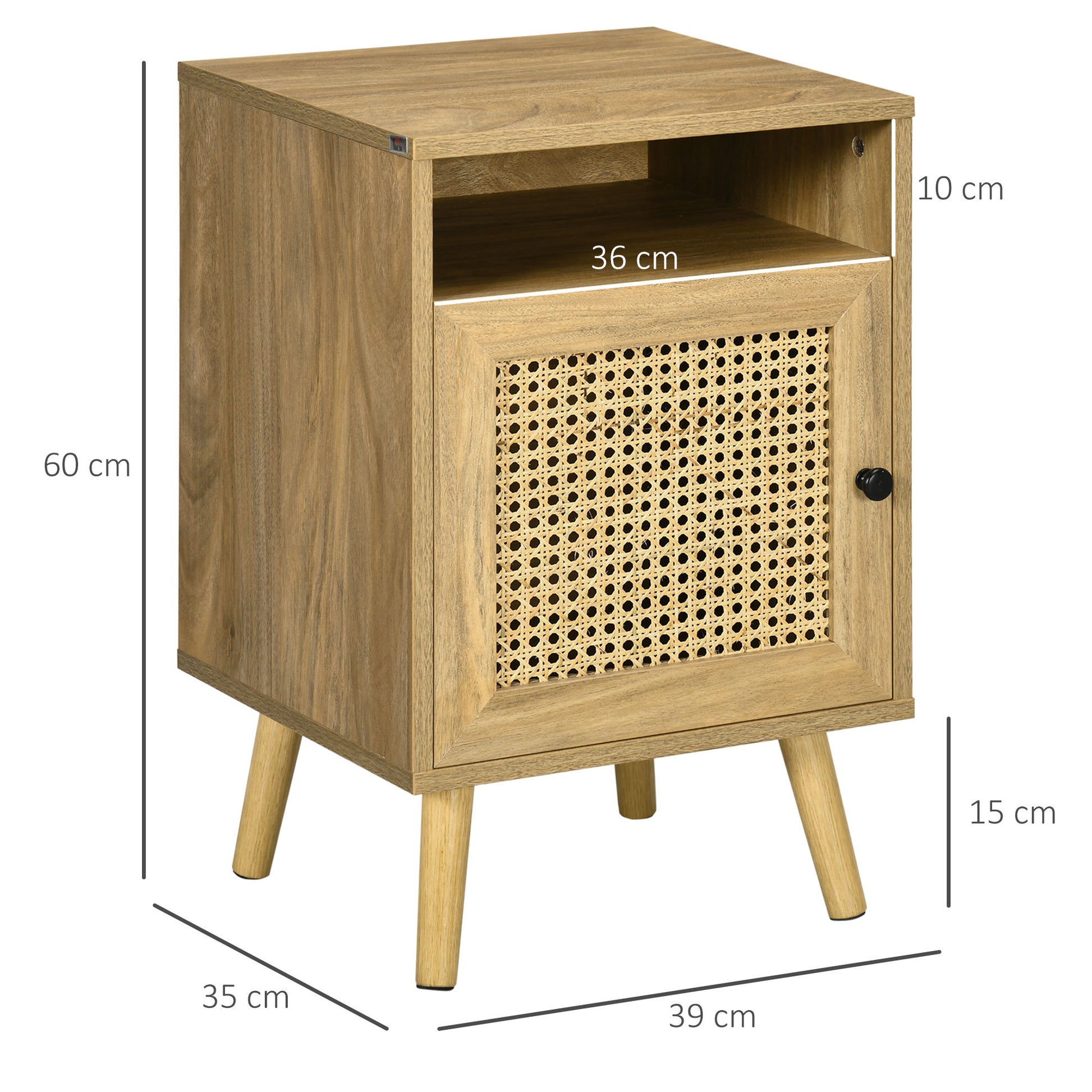 Bedroom Bedside Table, Small Wooden Bedside Table, Boho Style, with Cabinet and Open Shelf, for Bedroom, Living Room, 39x35x60 cm, Wood Color