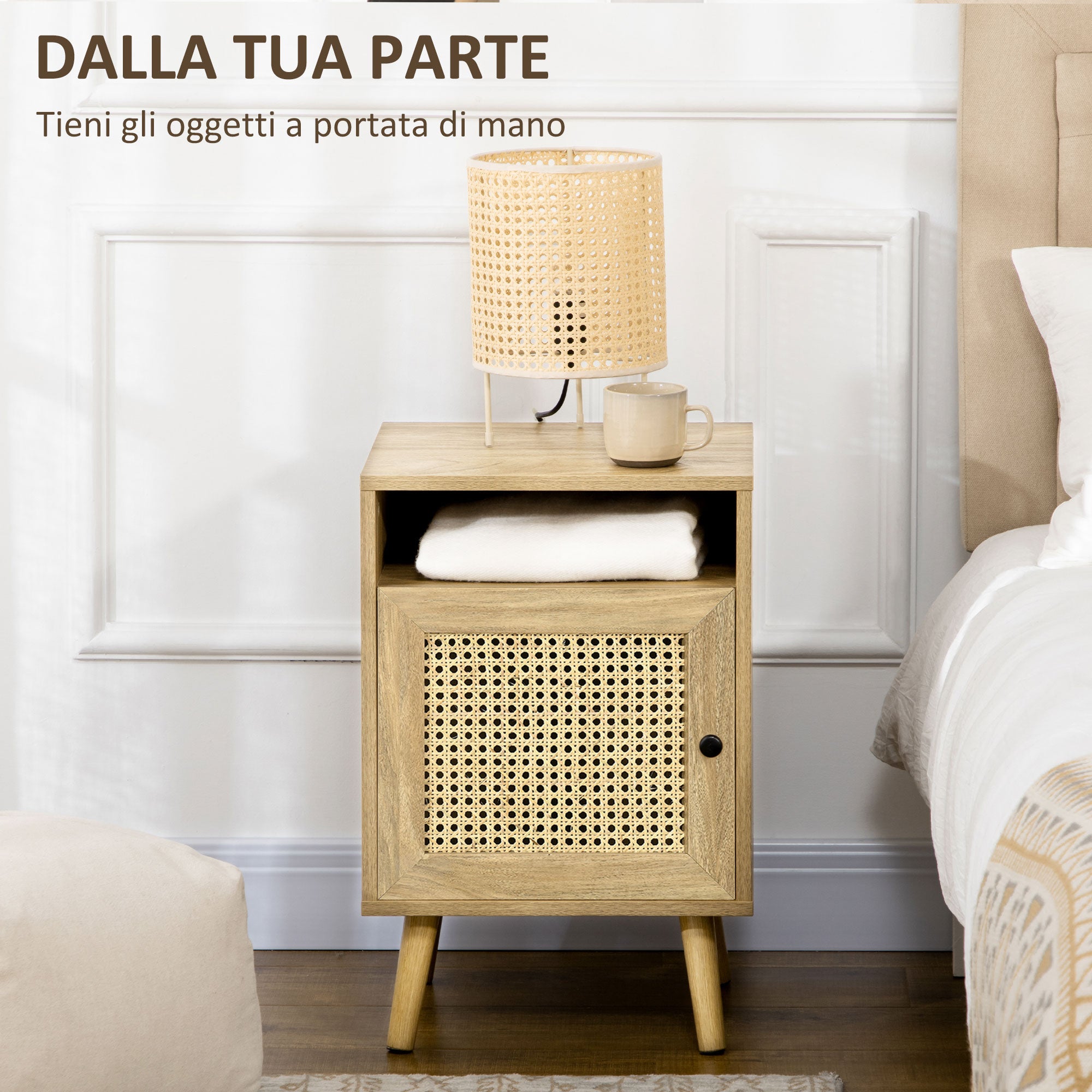 Bedroom Bedside Table, Small Wooden Bedside Table, Boho Style, with Cabinet and Open Shelf, for Bedroom, Living Room, 39x35x60 cm, Wood Color