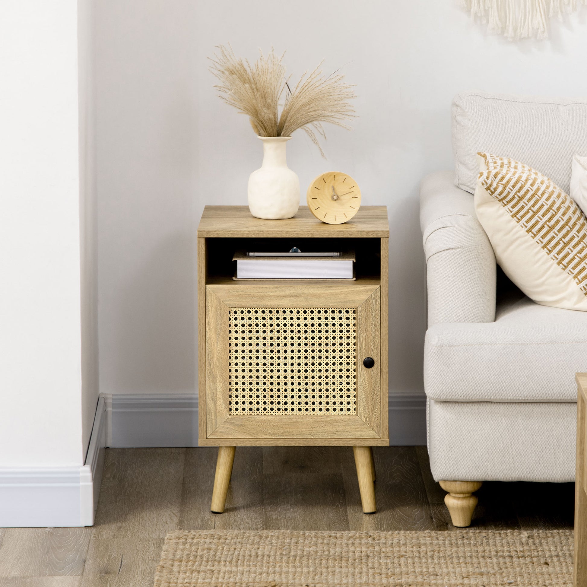 Bedroom Bedside Table, Small Wooden Bedside Table, Boho Style, with Cabinet and Open Shelf, for Bedroom, Living Room, 39x35x60 cm, Wood Color
