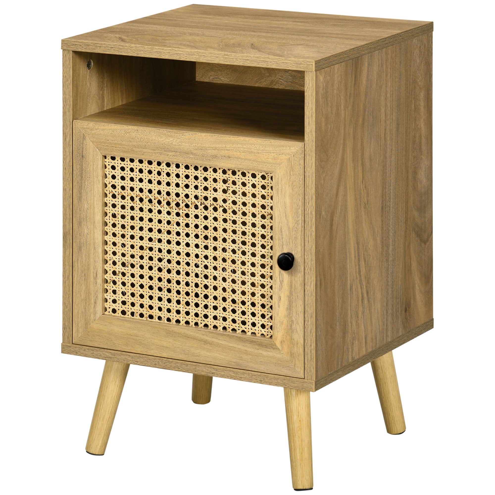 Bedroom Bedside Table, Small Wooden Bedside Table, Boho Style, with Cabinet and Open Shelf, for Bedroom, Living Room, 39x35x60 cm, Wood Color