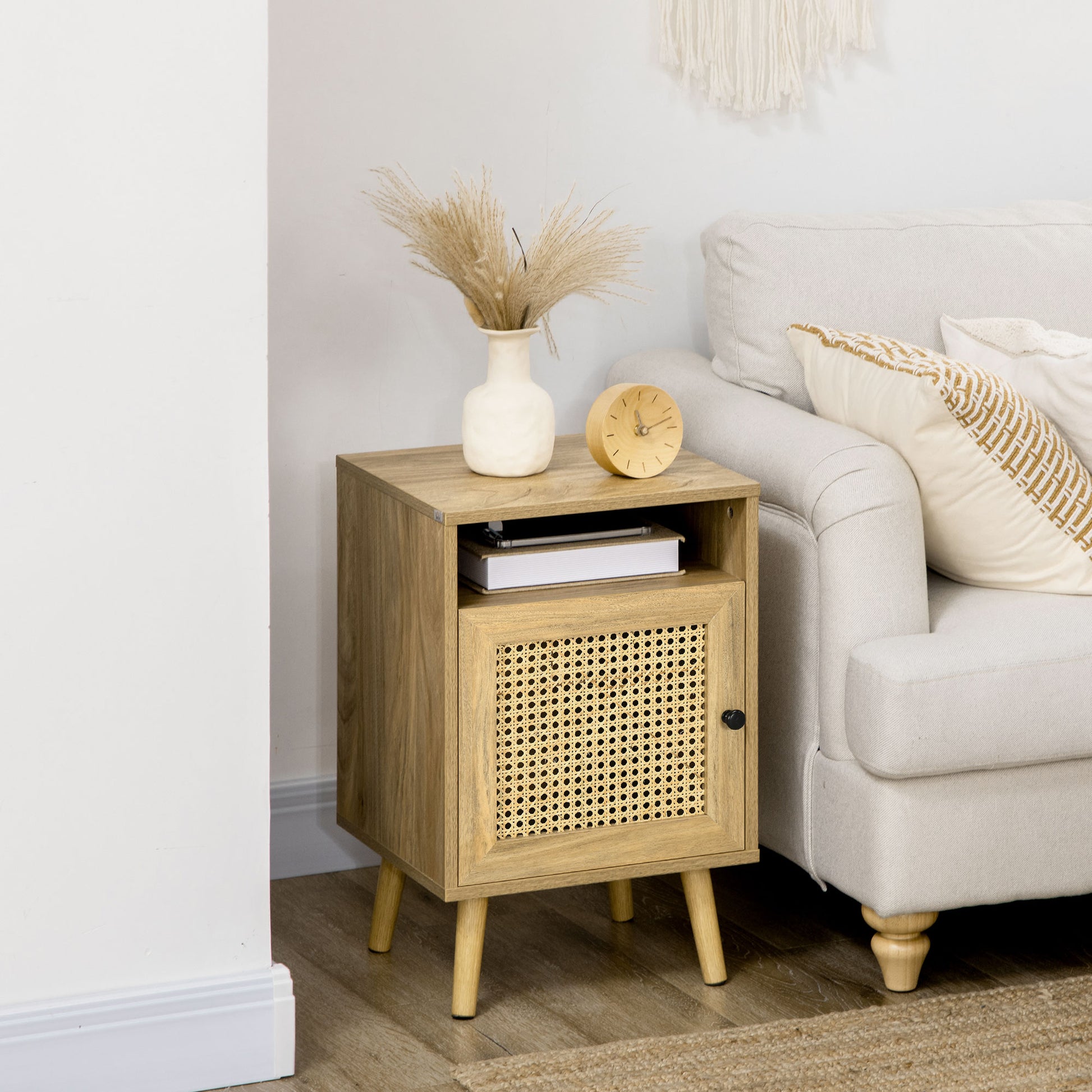 Bedroom Bedside Table, Small Wooden Bedside Table, Boho Style, with Cabinet and Open Shelf, for Bedroom, Living Room, 39x35x60 cm, Wood Color
