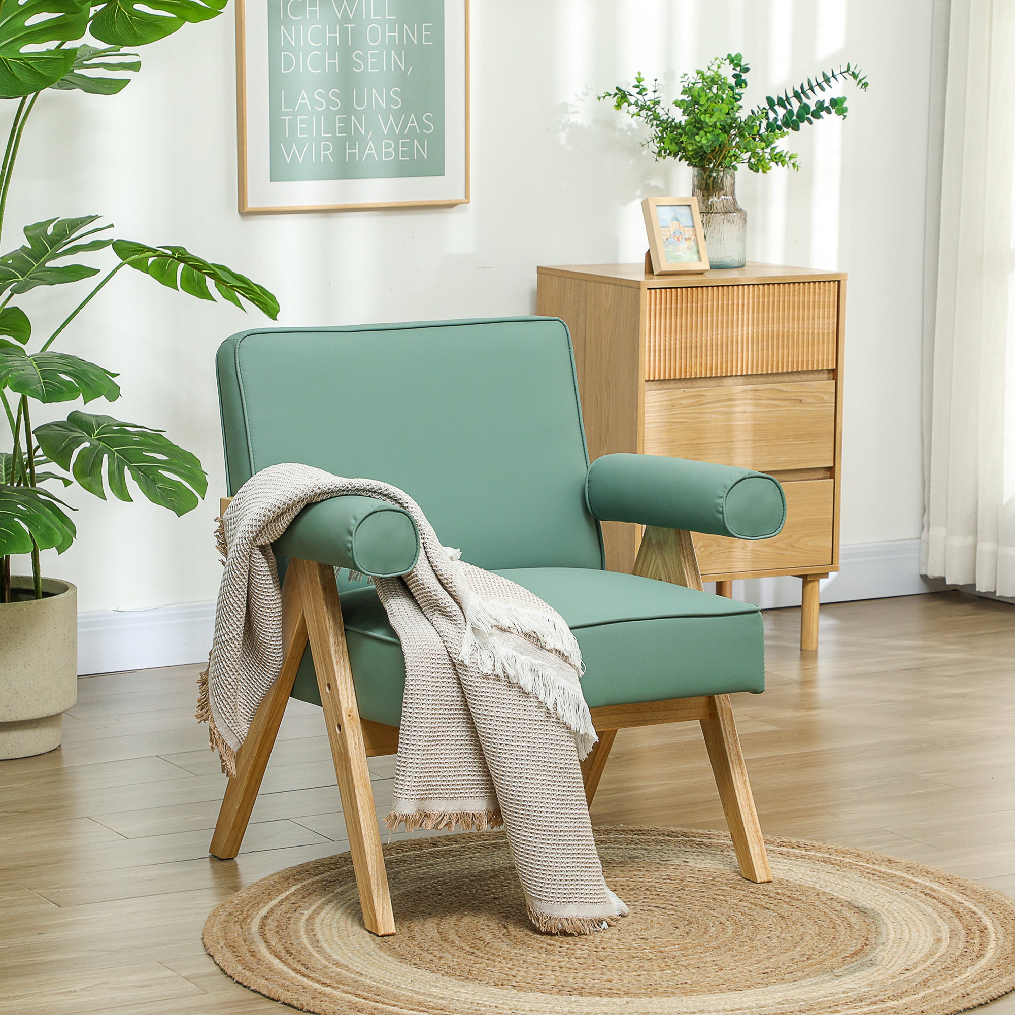 Living Room Armchair Nordic Armchair Lounge Chair Upholstered in PU with Armrests and Rubber Wood Frame for Bedroom Load 120 kg Green