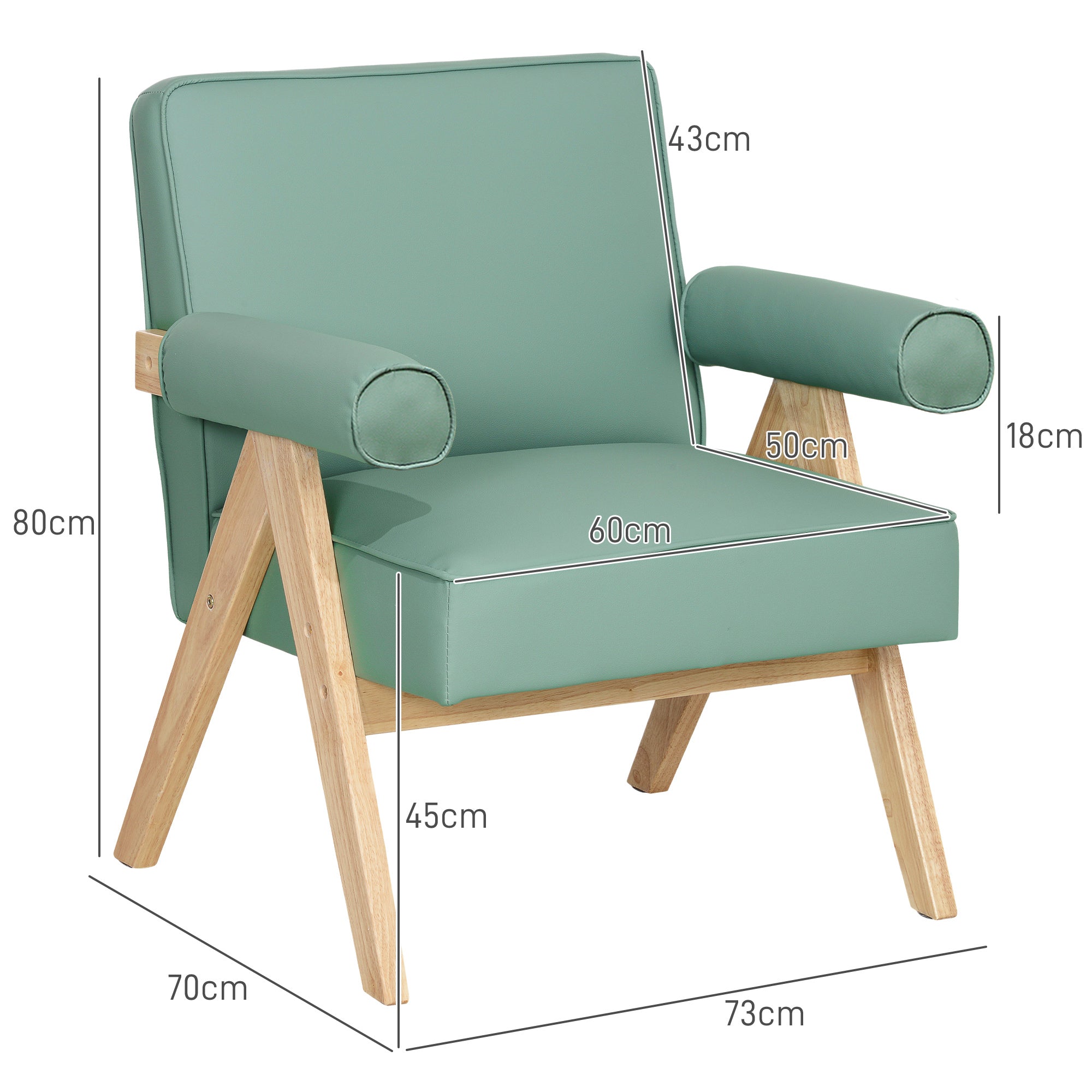 Living Room Armchair Nordic Armchair Lounge Chair Upholstered in PU with Armrests and Rubber Wood Frame for Bedroom Load 120 kg Green