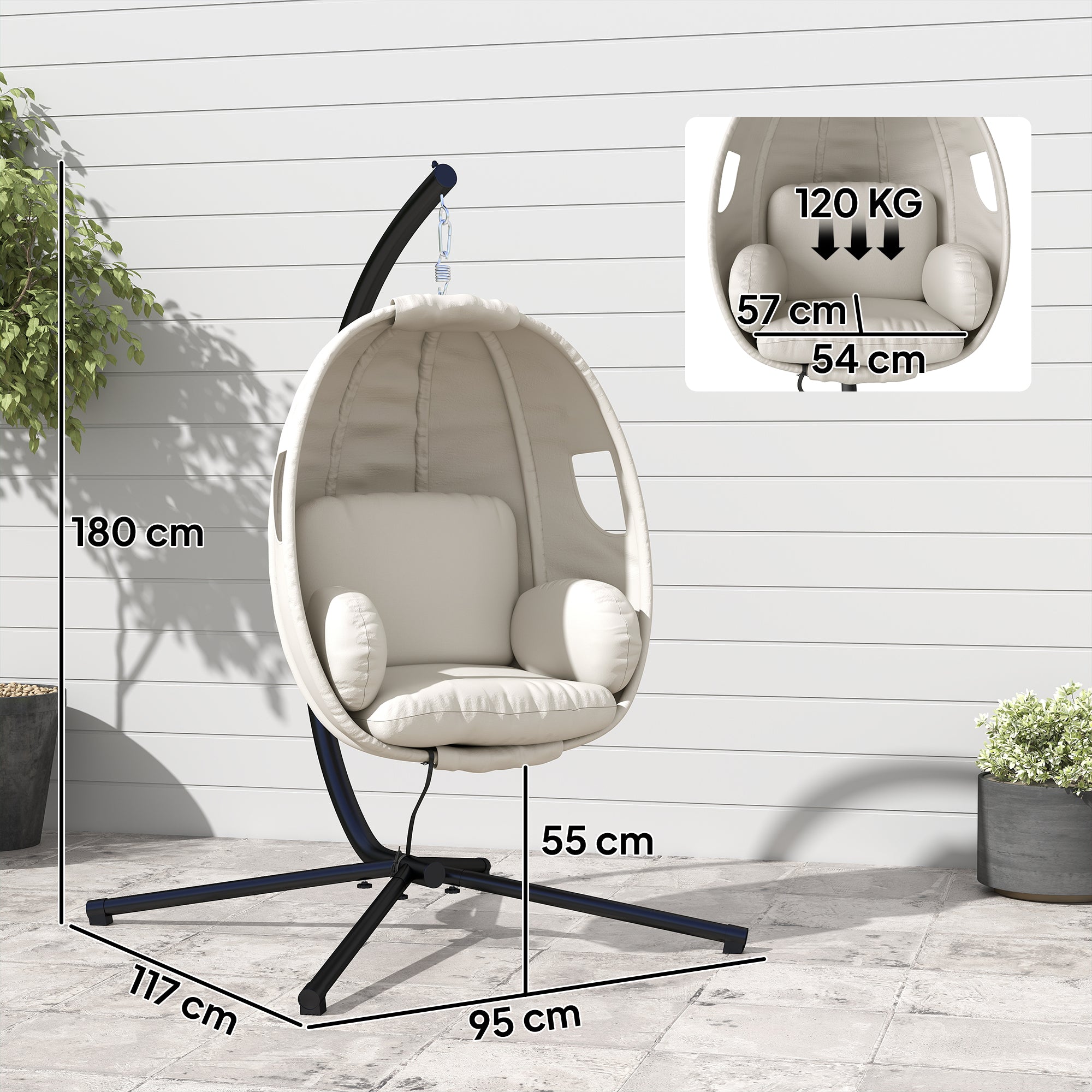Folding Egg Hanging Chair with Stand — 8 in Padded Cushion, Adjustable Height & Safety Strap, Indoor/Outdoor, Light Gray