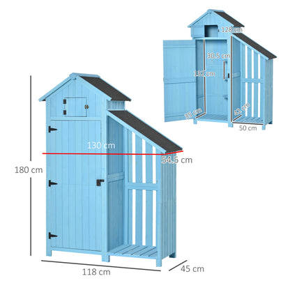 Garden House Equipment Shed with Firewood Storage Rack Equipment Shed with 3 Shelves Asphalt Roof Fir Wood Sky Blue 130 x 54.5 x 180 cm