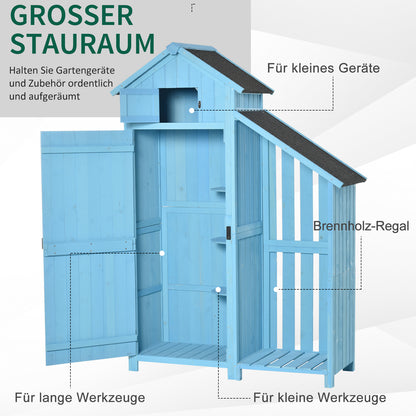 Garden House Equipment Shed with Firewood Storage Rack Equipment Shed with 3 Shelves Asphalt Roof Fir Wood Sky Blue 130 x 54.5 x 180 cm