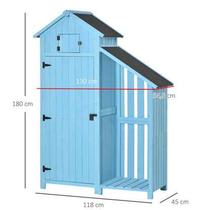 Garden House Equipment Shed with Firewood Storage Rack Equipment Shed with 3 Shelves Asphalt Roof Fir Wood Sky Blue 130 x 54.5 x 180 cm