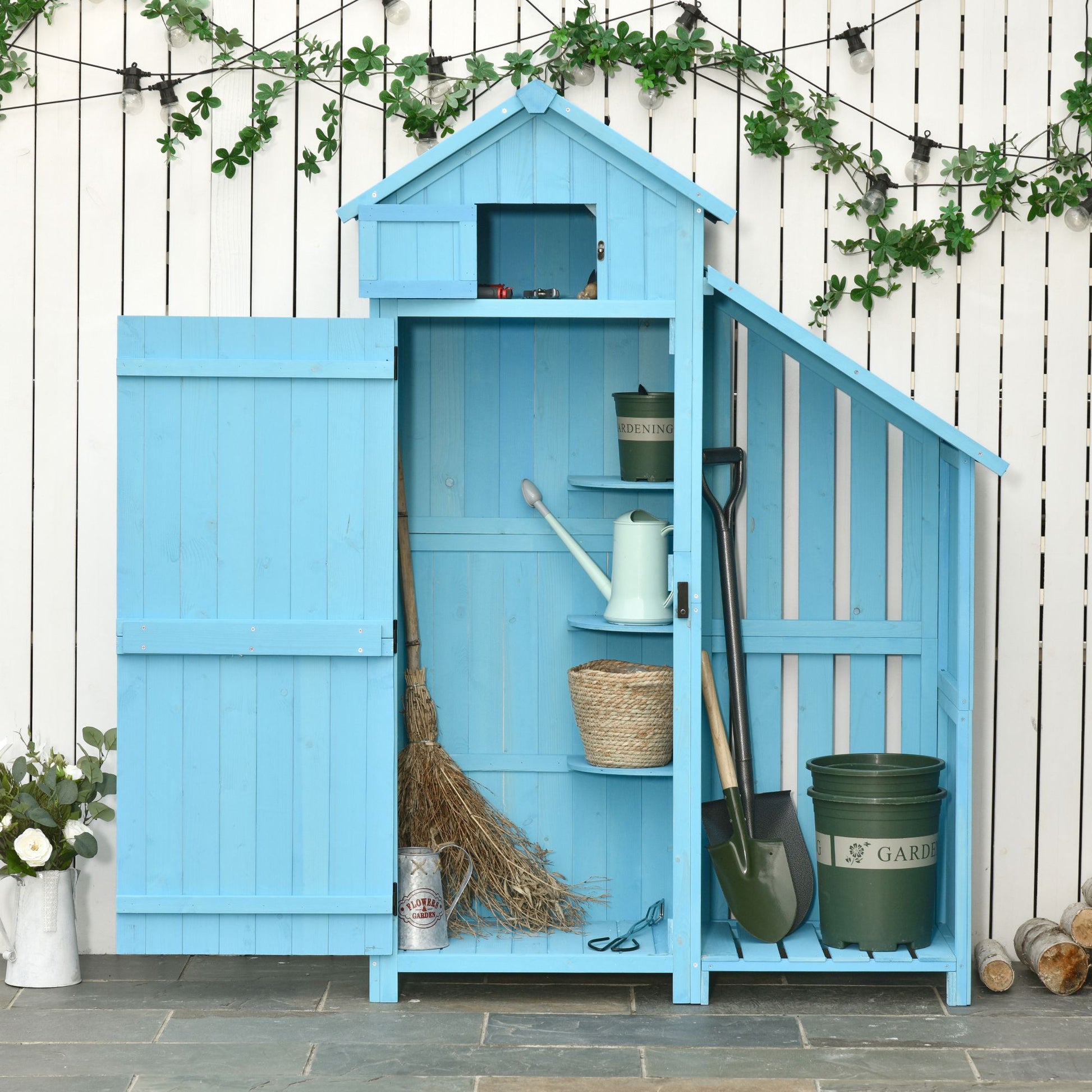 Garden House Equipment Shed with Firewood Storage Rack Equipment Shed with 3 Shelves Asphalt Roof Fir Wood Sky Blue 130 x 54.5 x 180 cm