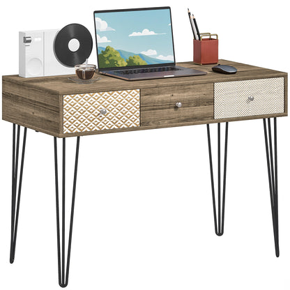 Bohemian Desk Study Desk with 3 Drawers and Hairpin Legs for Office Bedroom Dressing Table 105x50x75 cm Wood