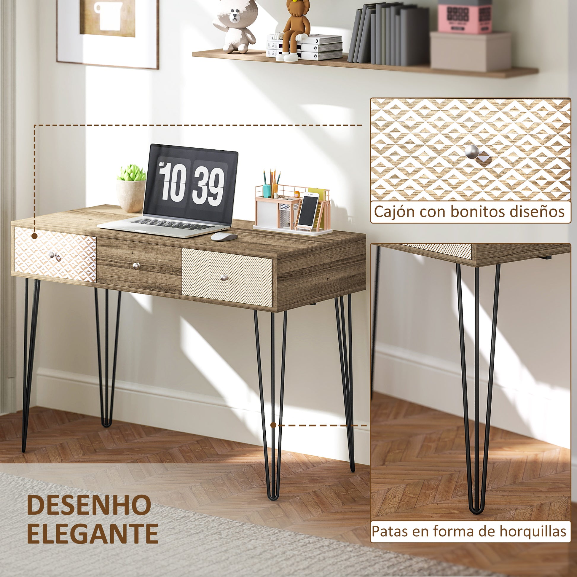 Bohemian Desk Study Desk with 3 Drawers and Hairpin Legs for Office Bedroom Dressing Table 105x50x75 cm Wood