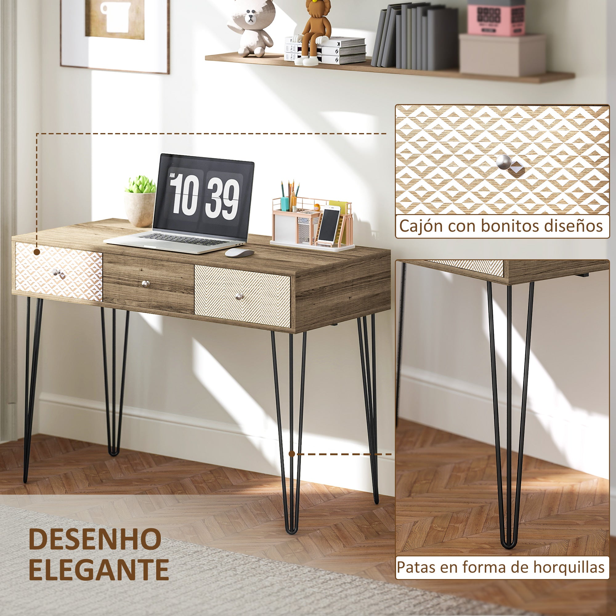 Bohemian Desk Study Desk with 3 Drawers and Hairpin Legs for Office Bedroom Dressing Table 105x50x75 cm Wood