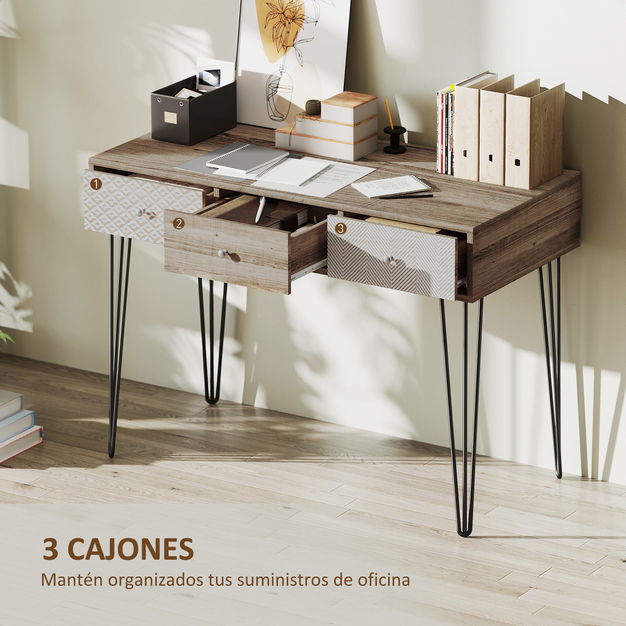 Bohemian Desk Study Desk with 3 Drawers and Hairpin Legs for Office Bedroom Dressing Table 105x50x75 cm Wood