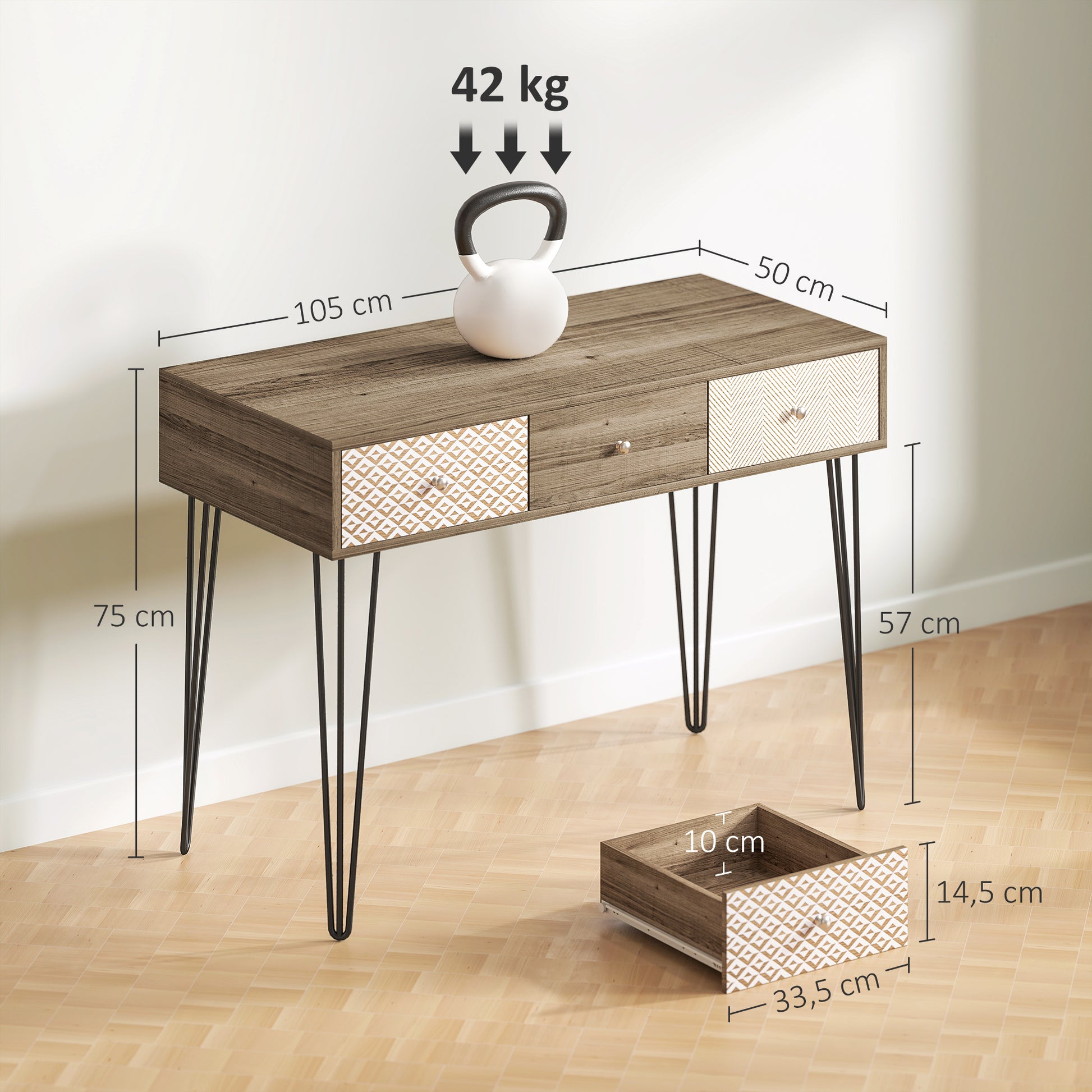 Bohemian Desk Study Desk with 3 Drawers and Hairpin Legs for Office Bedroom Dressing Table 105x50x75 cm Wood