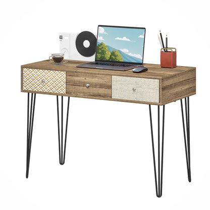 Bohemian Desk Study Desk with 3 Drawers and Hairpin Legs for Office Bedroom Dressing Table 105x50x75 cm Wood
