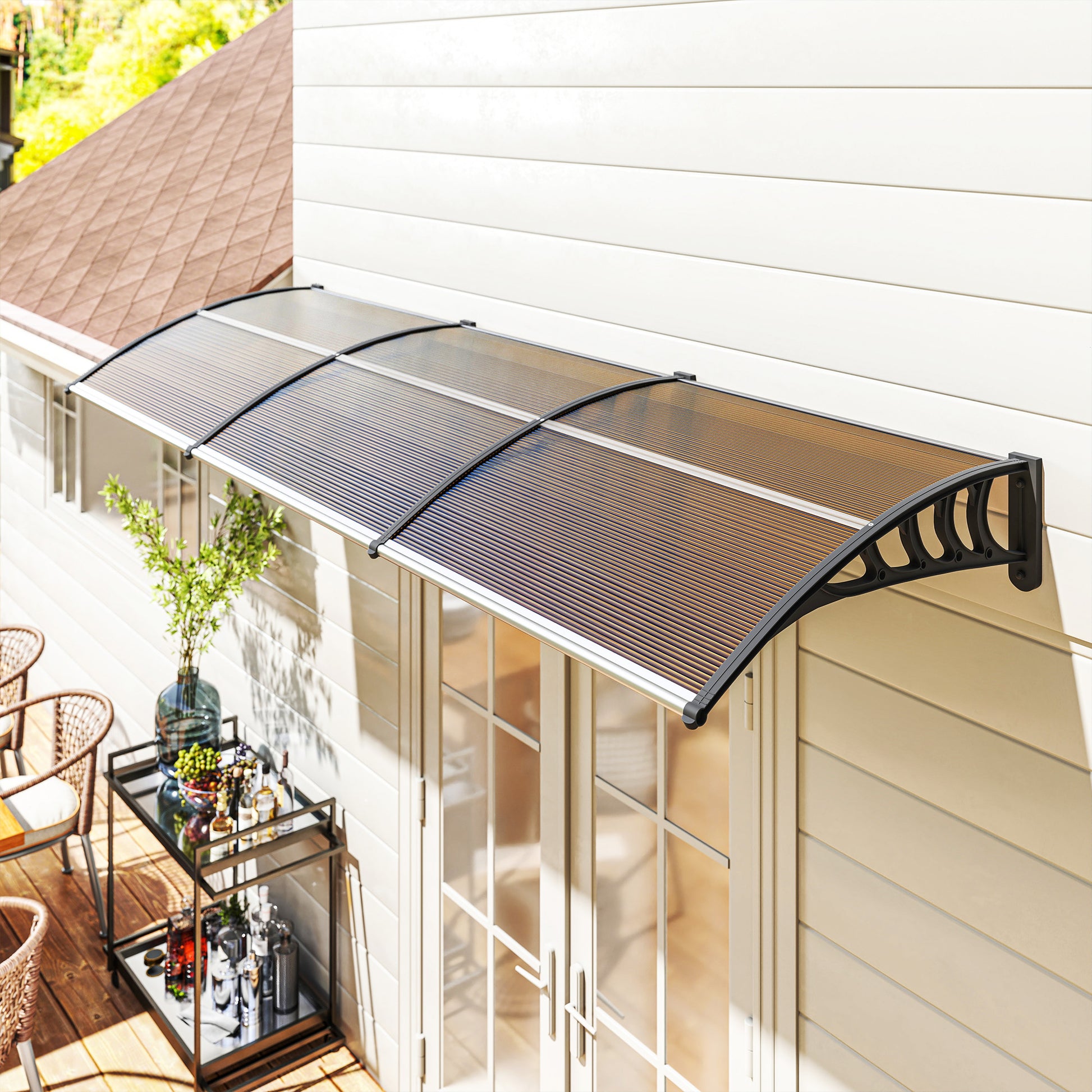303x96x27 cm Brown Canopy Awning for Doors and Windows against Sun and Rain with PP Polycarbonate Support Exterior Awning