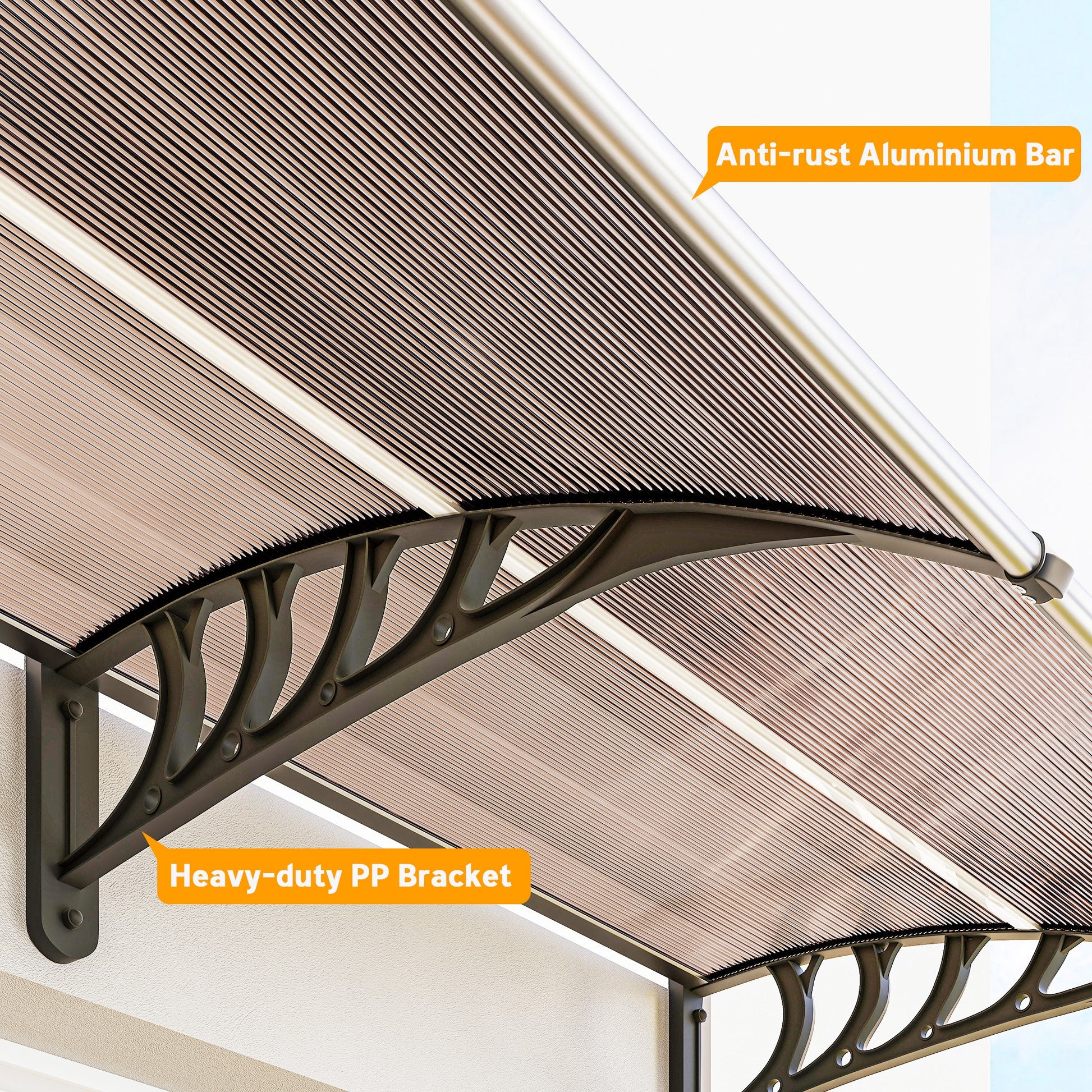 303x96x27 cm Brown Canopy Awning for Doors and Windows against Sun and Rain with PP Polycarbonate Support Exterior Awning