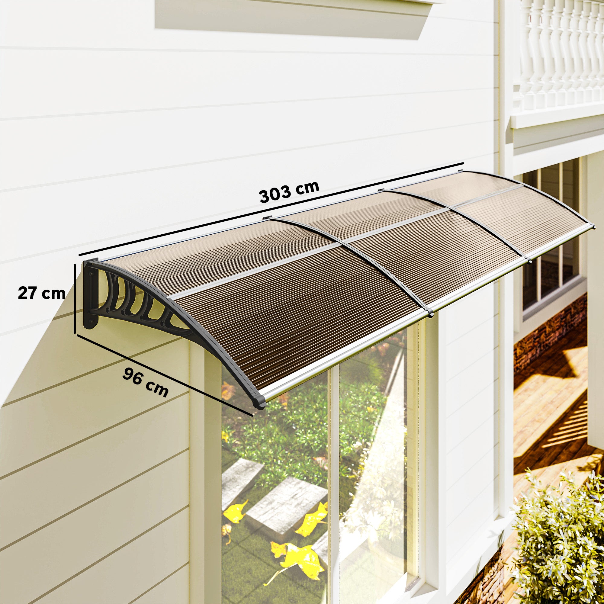 303x96x27 cm Brown Canopy Awning for Doors and Windows against Sun and Rain with PP Polycarbonate Support Exterior Awning