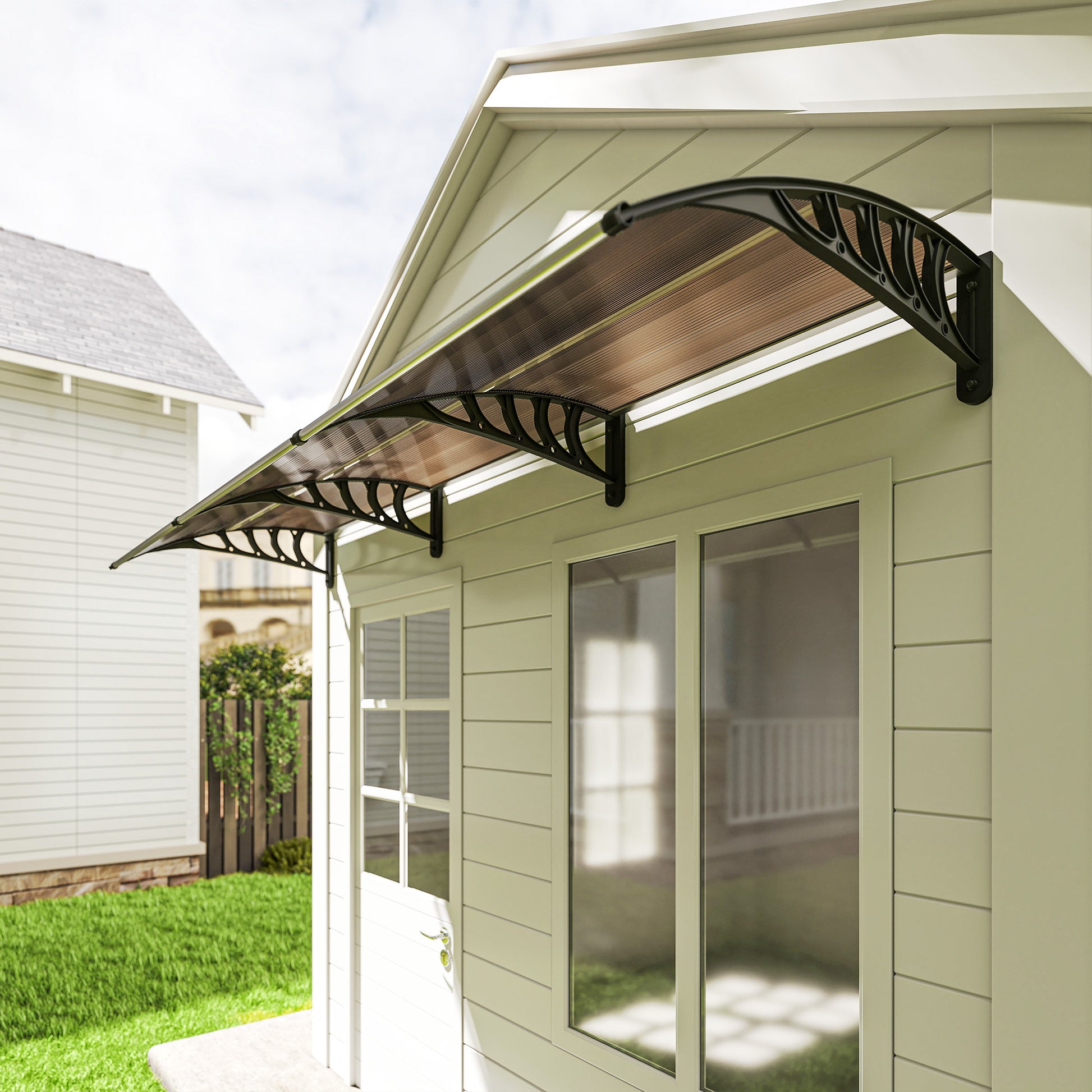 303x96x27 cm Brown Canopy Awning for Doors and Windows against Sun and Rain with PP Polycarbonate Support Exterior Awning
