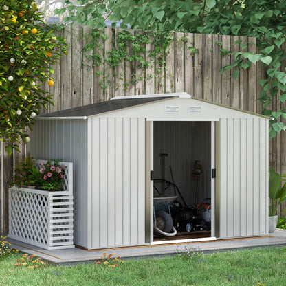 Garden Shed 5 m² with Foundation, 4 Air Vents, and 2 Sliding Doors, Steel Tool Shed, 277x195x192 cm, Silver